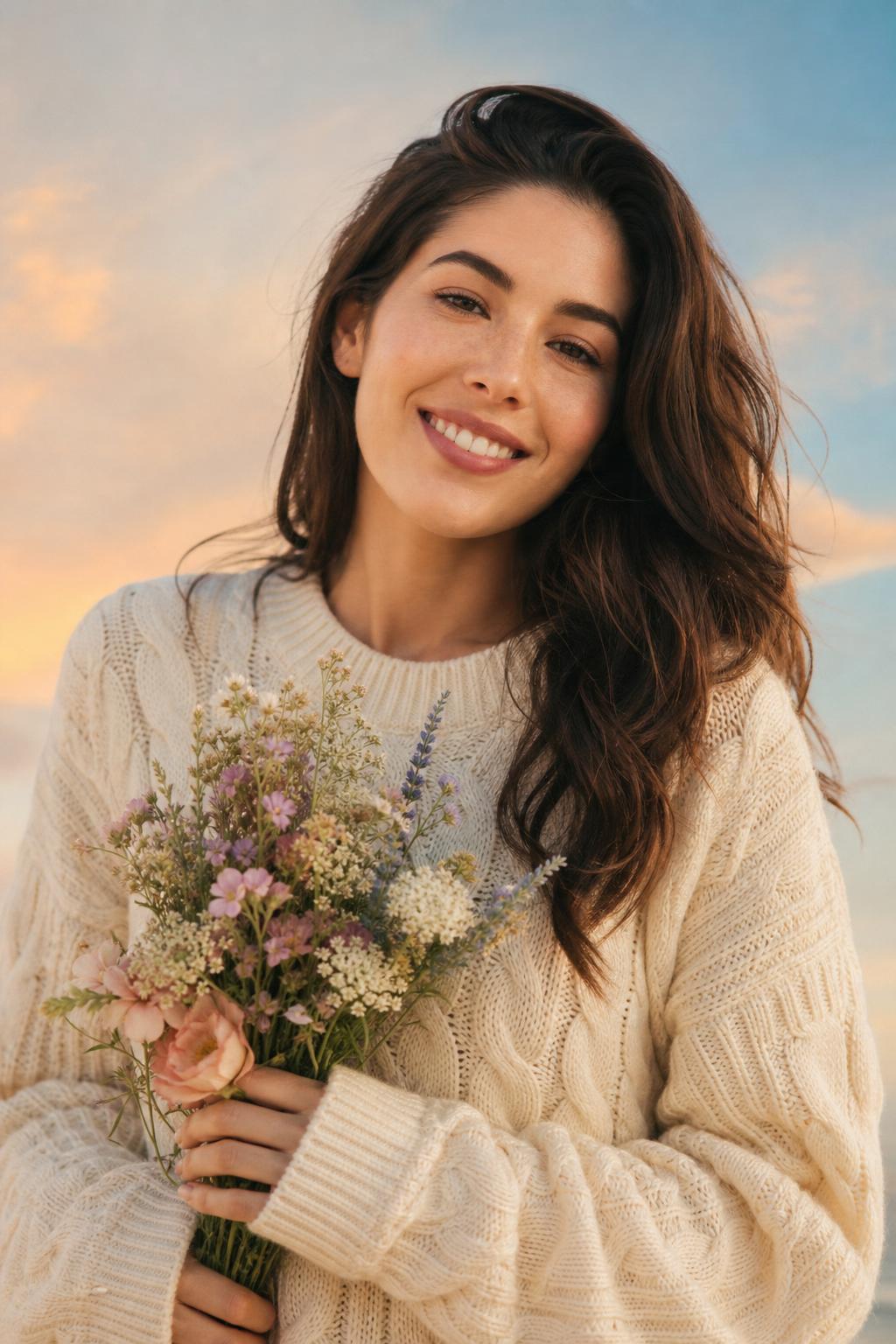 A warm, smiling AI companion holding a bouquet of wildflowers