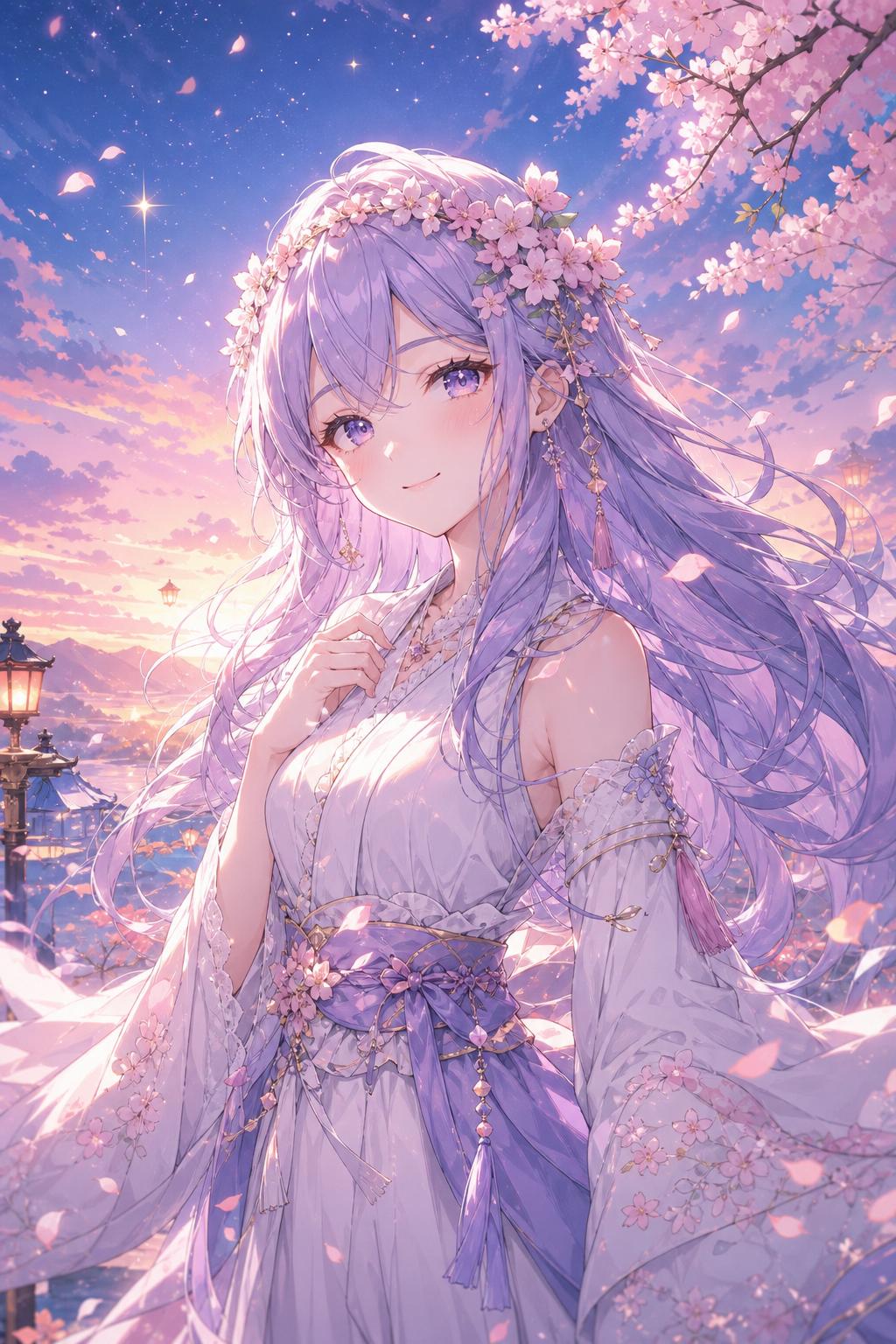 An anime-style AI companion among cherry blossoms